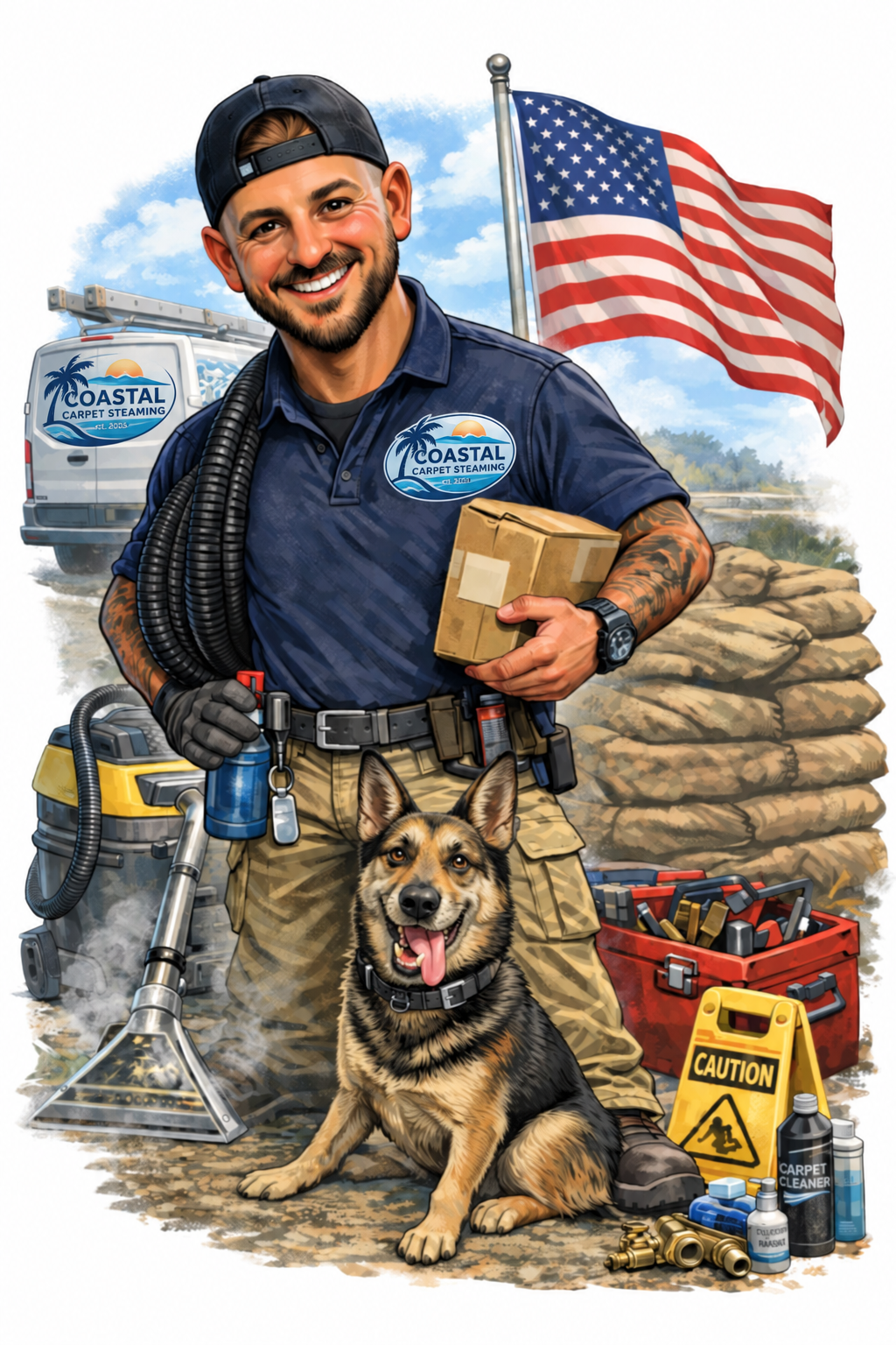 Illustration of the owner of Coastal Carpet Steaming with a German Shepherd, American flag, and carpet-cleaning equipment